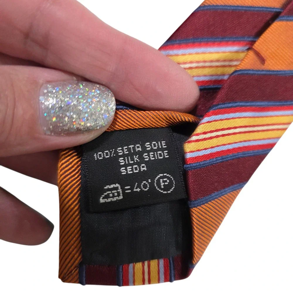 Les Copains Mens Necktie‎ Orange Silk Floral Striped Embroidered Long Luxury